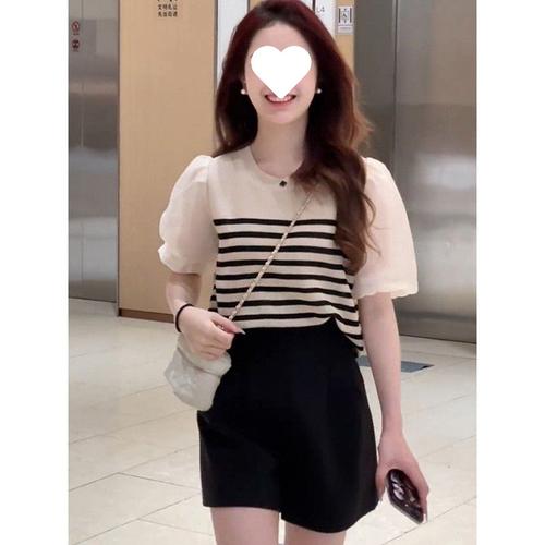 针织短袖t恤女2024新款夏季小个子泡泡袖法式短款上衣设计感小众